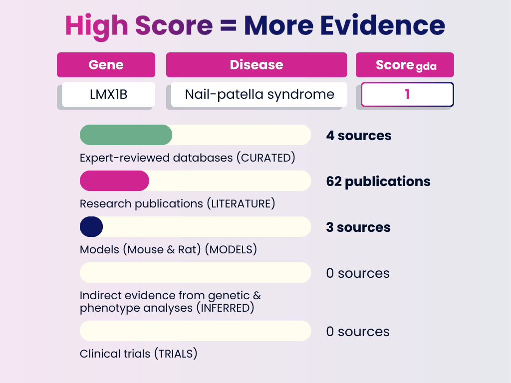 Visualization of a high DISGENET GDA Score example for the gene LMX1B associated with Nail-patella syndrome. Shows a GDA score of 1.0 supported by 4 curated databases, 62 research publications, and 3 mouse/rat model sources, with no inferred evidence or clinical trials