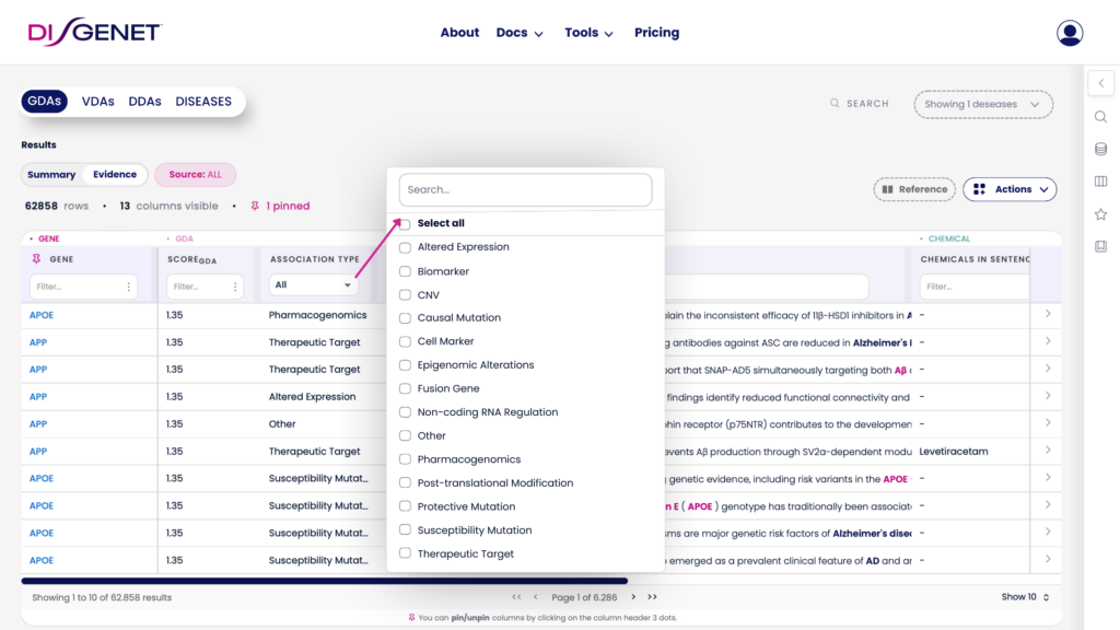 Image showing the DISGENET Evidence table for Alzheimer's disease with column Association type pointing to its new filters