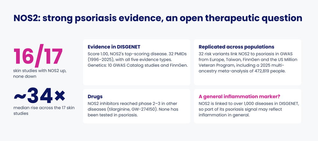 NOS2 psoriasis evidence summary showing approximately 34-fold increased expression in 16 of 17 skin studies, alongside genetic and therapeutic evidence from DISGENET.